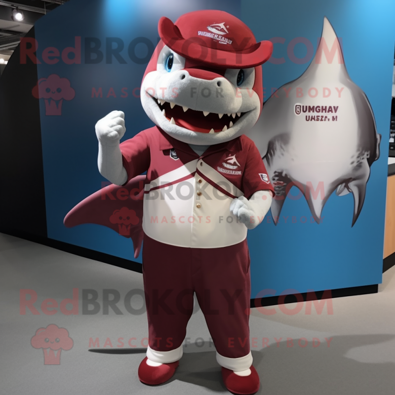 Maroon Shark mascot costume character dressed with a Oxford Shirt and Hairpins Maroon Shark mascot costume character dressed with a Oxford Shirt and Hairpins