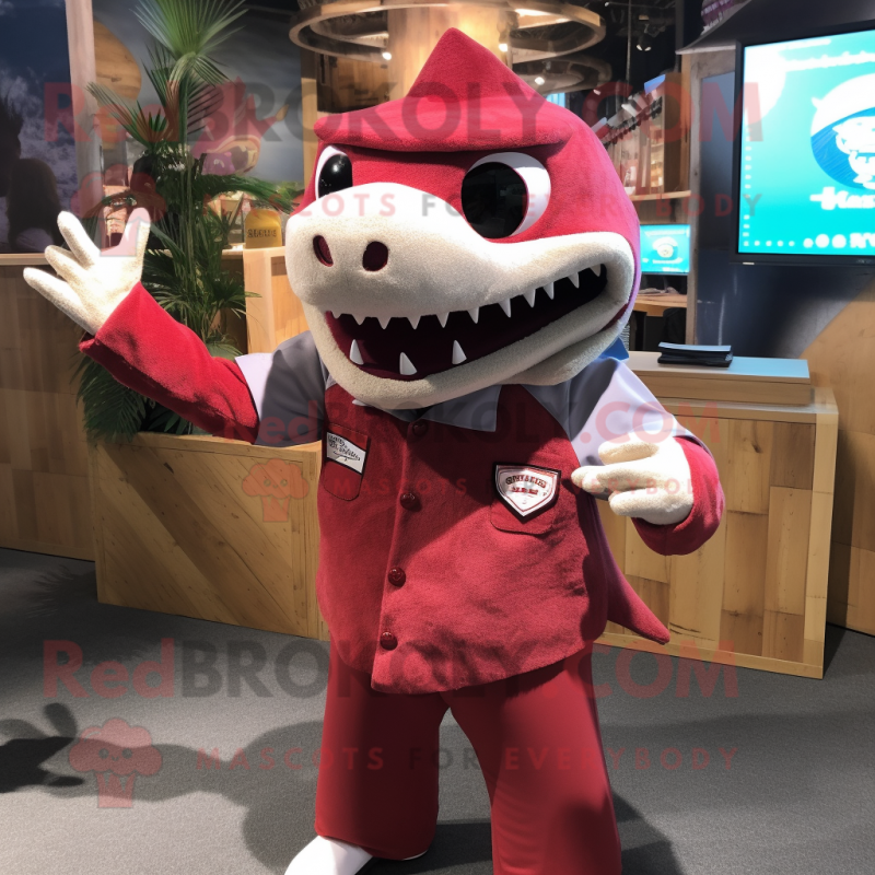 Maroon Shark mascot costume character dressed with a Oxford Shirt and Hairpins