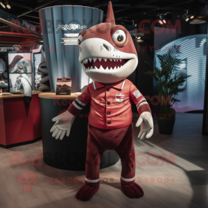 Maroon Shark mascot costume character dressed with a Oxford Shirt and Hairpins