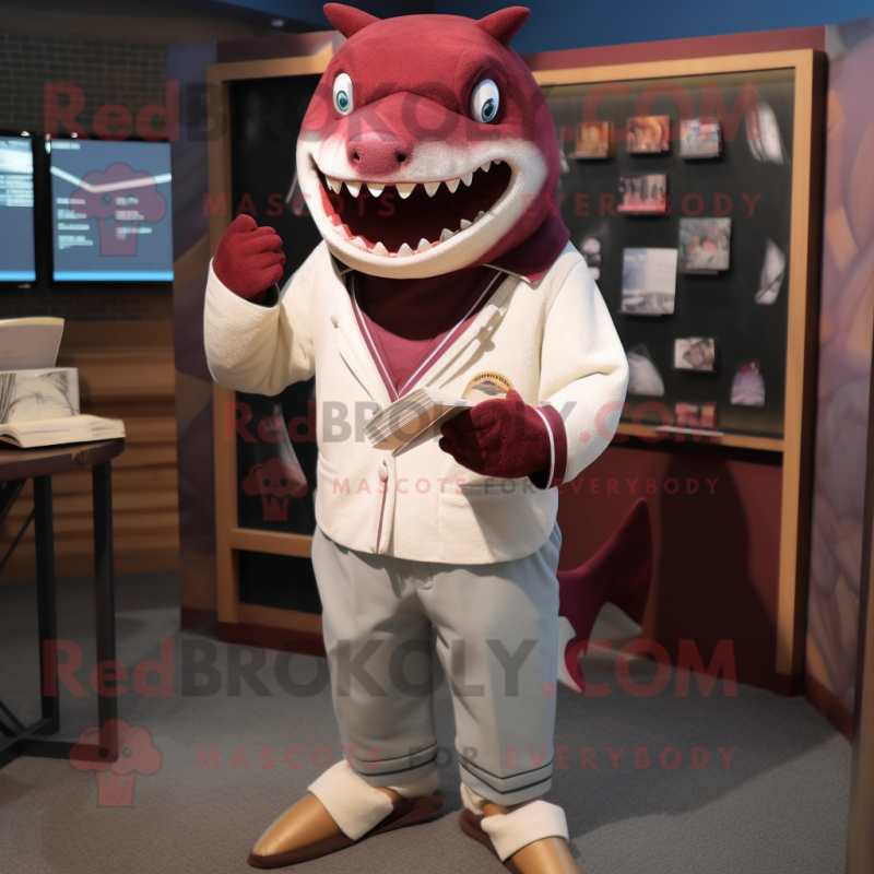 Maroon Shark mascot costume character dressed with a Oxford Shirt and Hairpins