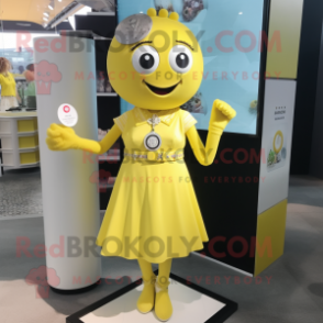 Lemon Yellow Bracelet mascot costume character dressed with a Shift Dress and Lapel pins