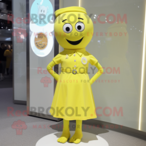 Lemon Yellow Bracelet mascot costume character dressed with a Shift Dress and Lapel pins