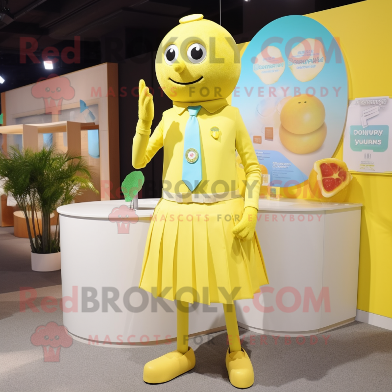 Lemon Yellow Bracelet mascot costume character dressed with a Shift Dress and Lapel pins Lemon Yellow Bracelet mascot costume character dressed with a Shift Dress and Lapel pins