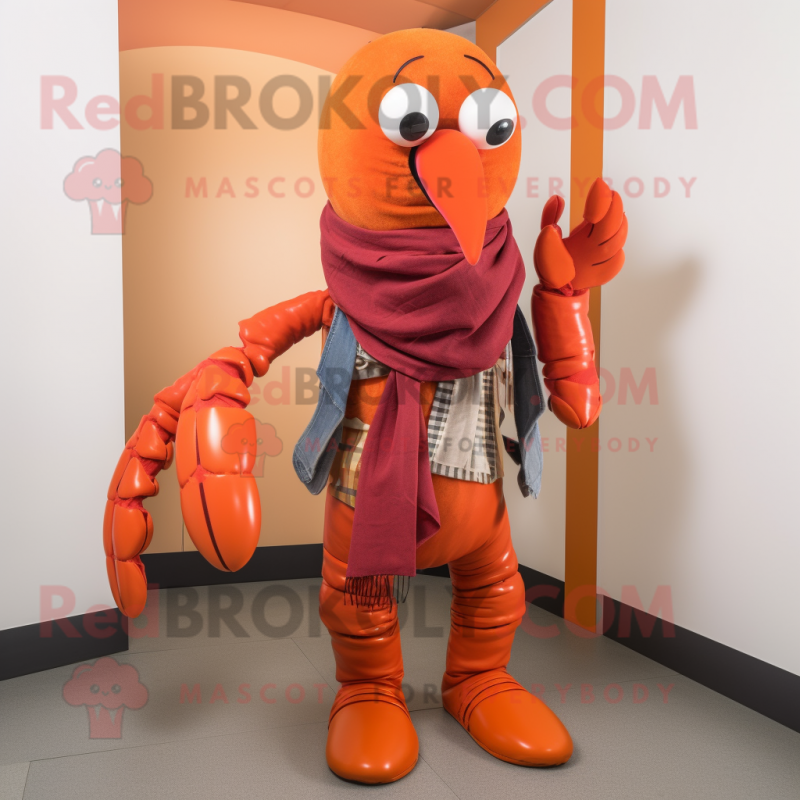Rust Lobster Bisque mascot costume character dressed with a Trousers and Scarves Rust Lobster Bisque mascot costume character dressed with a Trousers and Scarves