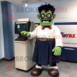 Navy Frankenstein mascot costume character dressed with a Skirt and Eyeglasses