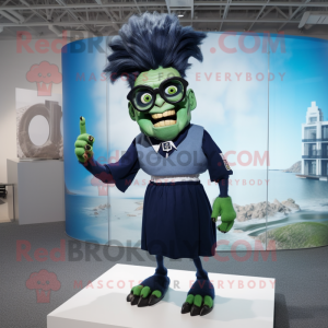 Navy Frankenstein mascot costume character dressed with a Skirt and Eyeglasses