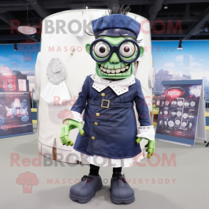 Navy Frankenstein mascot costume character dressed with a Skirt and Eyeglasses