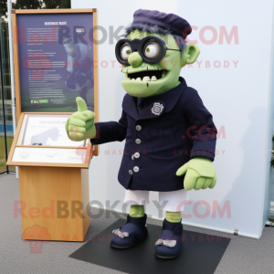 Navy Frankenstein mascot costume character dressed with a Skirt and Eyeglasses