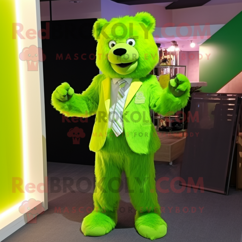 Lime Green Teddy Bear mascot costume character dressed with a Suit Jacket and Earrings Lime Green Teddy Bear mascot costume character dressed with a Suit Jacket and Earrings