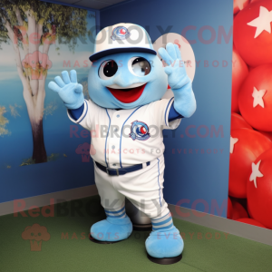 Sky Blue Momentum mascot costume character dressed with a Baseball Tee and Rings