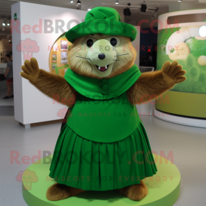 Green Marmot mascot costume character dressed with a Pleated Skirt and Beanies