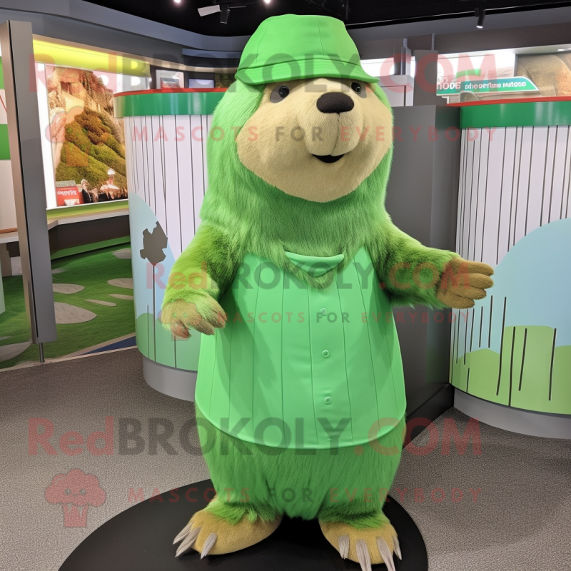 Green Marmot mascot costume character dressed with a Pleated Skirt and Beanies