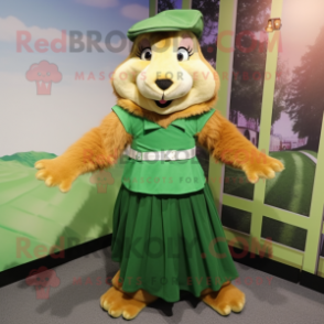 Green Marmot mascot costume character dressed with a Pleated Skirt and Beanies