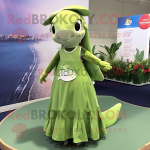 Olive Dolphin mascot costume character dressed with a A-Line Dress and Hair clips