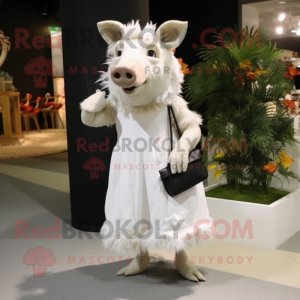 White Wild Boar mascot costume character dressed with a Midi Dress and Clutch bags