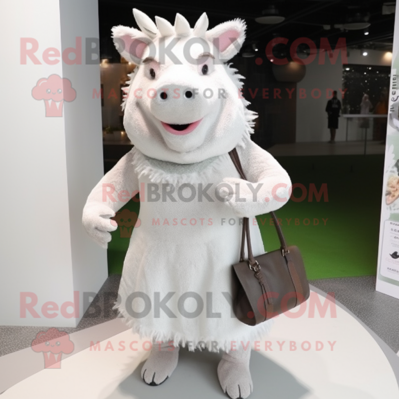White Wild Boar mascot costume character dressed with a Midi Dress and Clutch bags