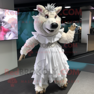 White Wild Boar mascot costume character dressed with a Midi Dress and Clutch bags