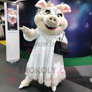 White Wild Boar mascot costume character dressed with a Midi Dress and Clutch bags