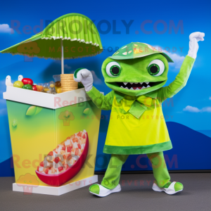 Lime Green Ceviche mascot costume character dressed with a Romper and Wraps