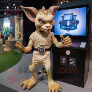 Tan Gargoyle mascot costume character dressed with a Skinny Jeans and Digital watches