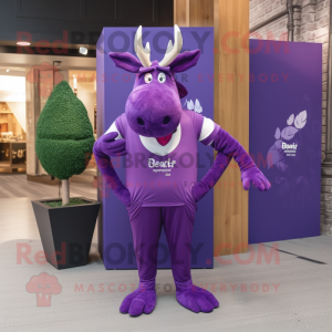 Purple Irish Elk mascot costume character dressed with a Bodysuit and Pocket squares