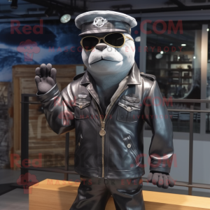 Silver Navy Seal mascot costume character dressed with a Leather Jacket and Hat pins