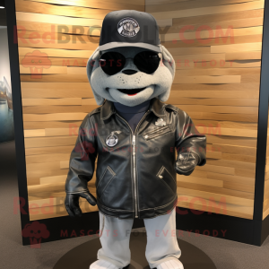 Silver Navy Seal mascot costume character dressed with a Leather Jacket and Hat pins