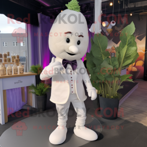 White Raspberry mascot costume character dressed with a Waistcoat and Earrings