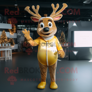 Gold Reindeer mascot costume character dressed with a Overalls and Bow ties