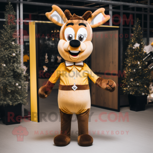 Gold Reindeer mascot costume character dressed with a Overalls and Bow ties