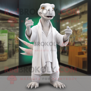 White Iguanodon mascot costume character dressed with a Henley Shirt and Shawl pins