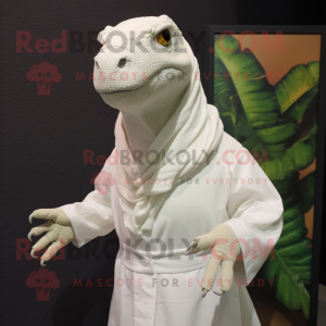 White Iguanodon mascot costume character dressed with a Henley Shirt and Shawl pins