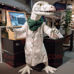 White Iguanodon mascot costume character dressed with a Henley Shirt and Shawl pins