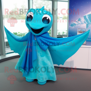 Cyan Stingray mascot costume character dressed with a Wrap Skirt and Scarf clips