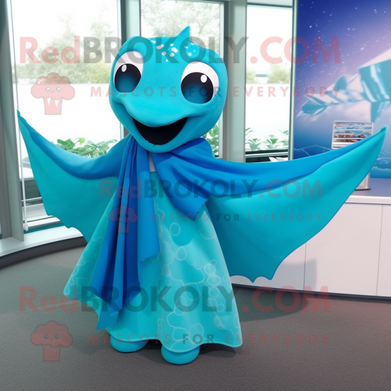 Cyan Stingray mascot costume character dressed with a Wrap Skirt and Scarf clips Cyan Stingray mascot costume character dressed with a Wrap Skirt and Scarf clips