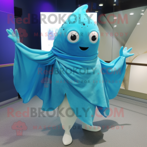Cyan Stingray mascot costume character dressed with a Wrap Skirt and Scarf clips