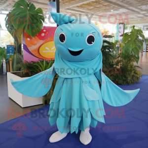 Cyan Stingray mascot costume character dressed with a Wrap Skirt and Scarf clips