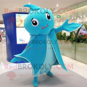 Cyan Stingray mascot costume character dressed with a Wrap Skirt and Scarf clips