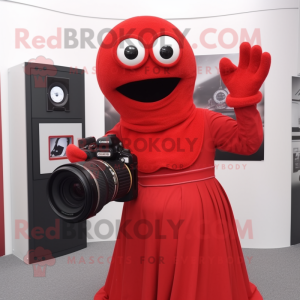 Red Camera mascot costume character dressed with a Skirt and Gloves