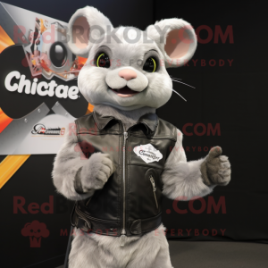 Silver Chinchilla mascot costume character dressed with a Moto Jacket and Suspenders