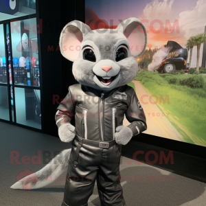 Silver Chinchilla mascot costume character dressed with a Moto Jacket and Suspenders