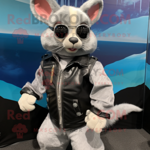 Silver Chinchilla mascot costume character dressed with a Moto Jacket and Suspenders