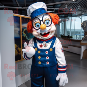 Navy Clown mascot costume character dressed with a Overalls and Eyeglasses