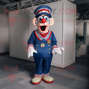 Navy Clown mascot costume character dressed with a Overalls and Eyeglasses