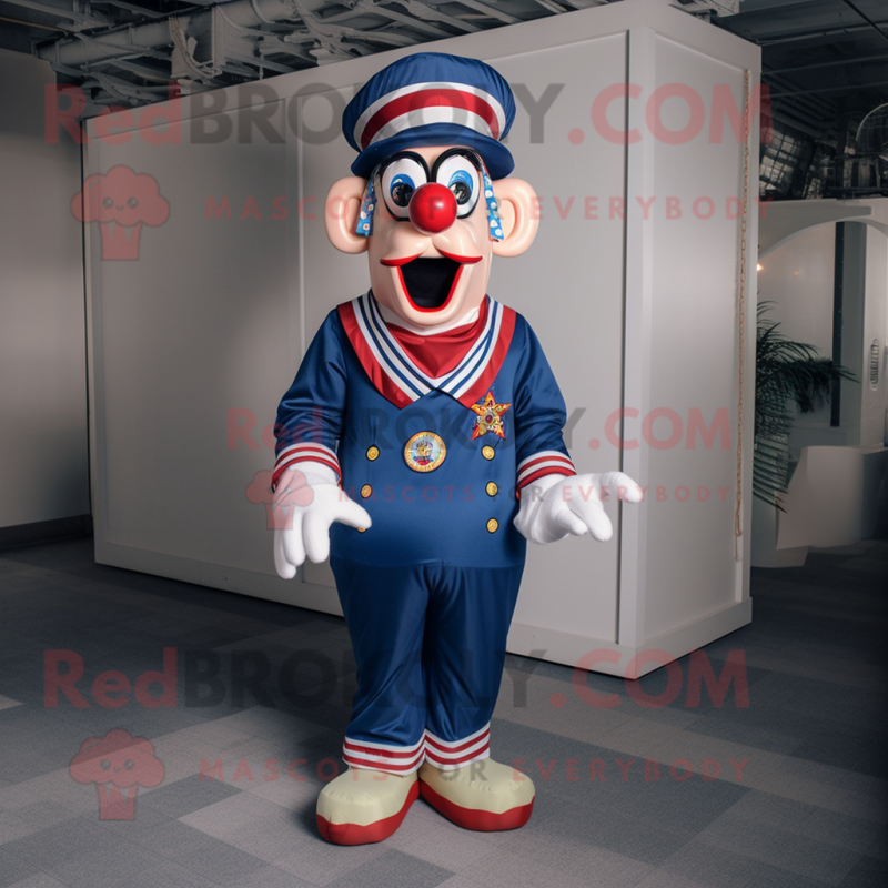 Navy Clown mascot costume character dressed with a Overalls and Eyeglasses