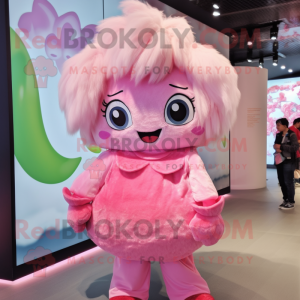 Pink Dim Sum mascot costume character dressed with a Playsuit and Hair clips