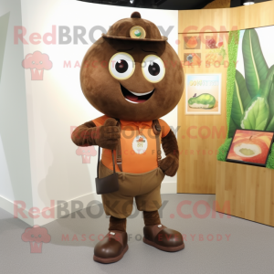 Brown Mango mascot costume character dressed with a Dungarees and Bracelet watches