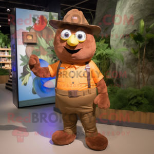 Brown Mango mascot costume character dressed with a Dungarees and Bracelet watches