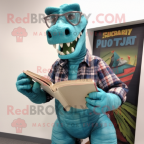 Turquoise Brachiosaurus mascot costume character dressed with a Flannel Shirt and Reading glasses