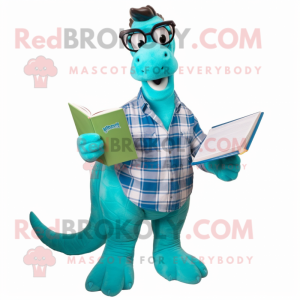 Turquoise Brachiosaurus mascot costume character dressed with a Flannel Shirt and Reading glasses